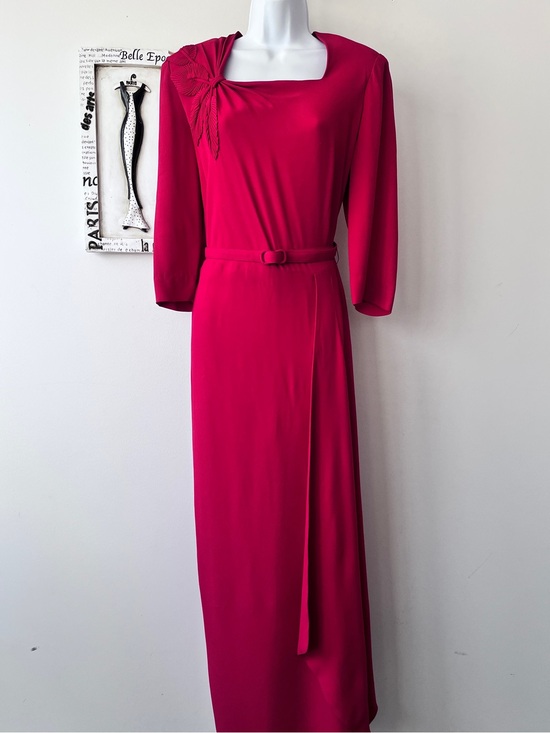 Vintage Dresses & Skirts - Women’s 80s Vintage Red Long Belted Wedding Guest Evening Wear Dress Size M
